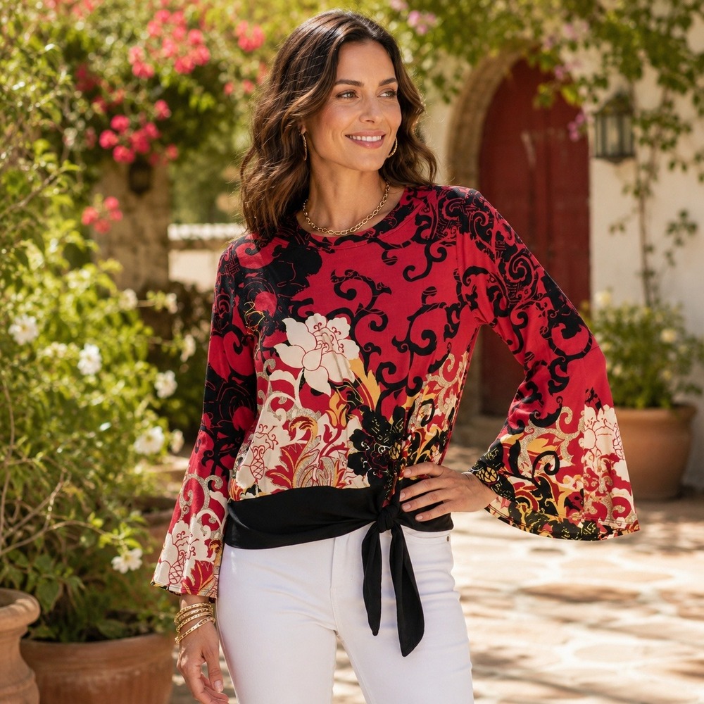 Chicos Red Black‎ Floral Scroll Tie Front Bell Sleeve Top Womens Size 0 S